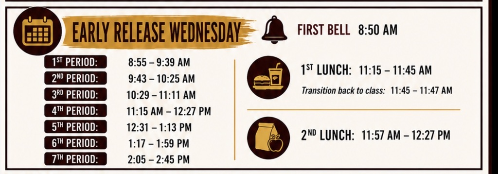 Early Release Wednesday bell schedule graphic in garnet and gold. First bell rings at 8:50 a.m. Class periods are: 1st period, 8:55–9:39 a.m.; 2nd period, 9:43–10:25 a.m.; 3rd period, 10:29–11:11 a.m.; 4th period, 11:15 a.m.–12:27 p.m.; 5th period, 12:31–1:13 p.m.; 6th period, 1:17–1:59 p.m.; and 7th period, 2:05–2:45 p.m. First lunch is 11:15–11:45 a.m., with transition back to class from 11:45–11:47 a.m. Second lunch is 11:57 a.m.–12:27 p.m. Decorative icons include a calendar, school bell, meal tray, and lunch bag.