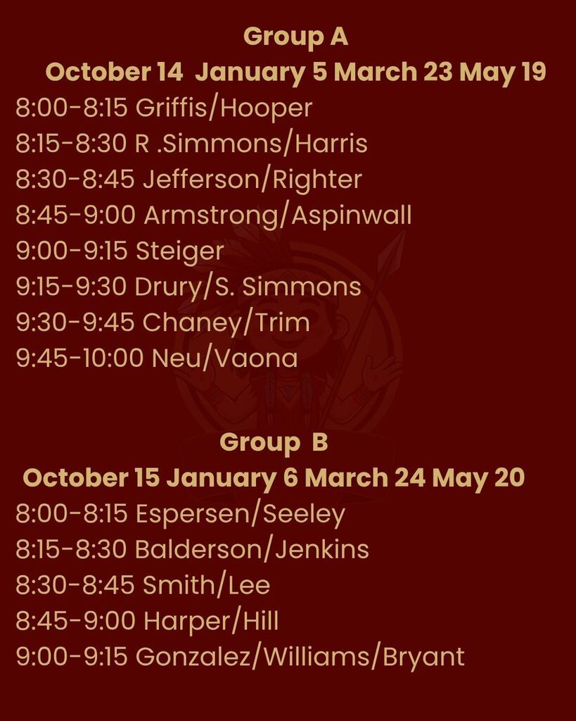 Award Ceremony schedule.  Group A dates: October 14, January 5, March 23, and May 19.  8:00–8:15: Griffis and Hooper. 8:15–8:30: R. Simmons and Harris. 8:30–8:45: Jefferson and Righter. 8:45–9:00: Armstrong and Aspinwall. 9:00–9:15: Steiger. 9:15–9:30: Drury and S. Simmons. 9:30–9:45: Chaney and Trim. 9:45–10:00: Neu and Vaona.  Group B dates: October 15, January 6, March 24, and May 20.  8:00–8:15: Espersen and Seeley. 8:15–8:30: Balderson and Jenkins. 8:30–8:45: Smith and Lee. 8:45–9:00: Harper and Hill. 9:00–9:15: Gonzalez, Williams, and Bryant.