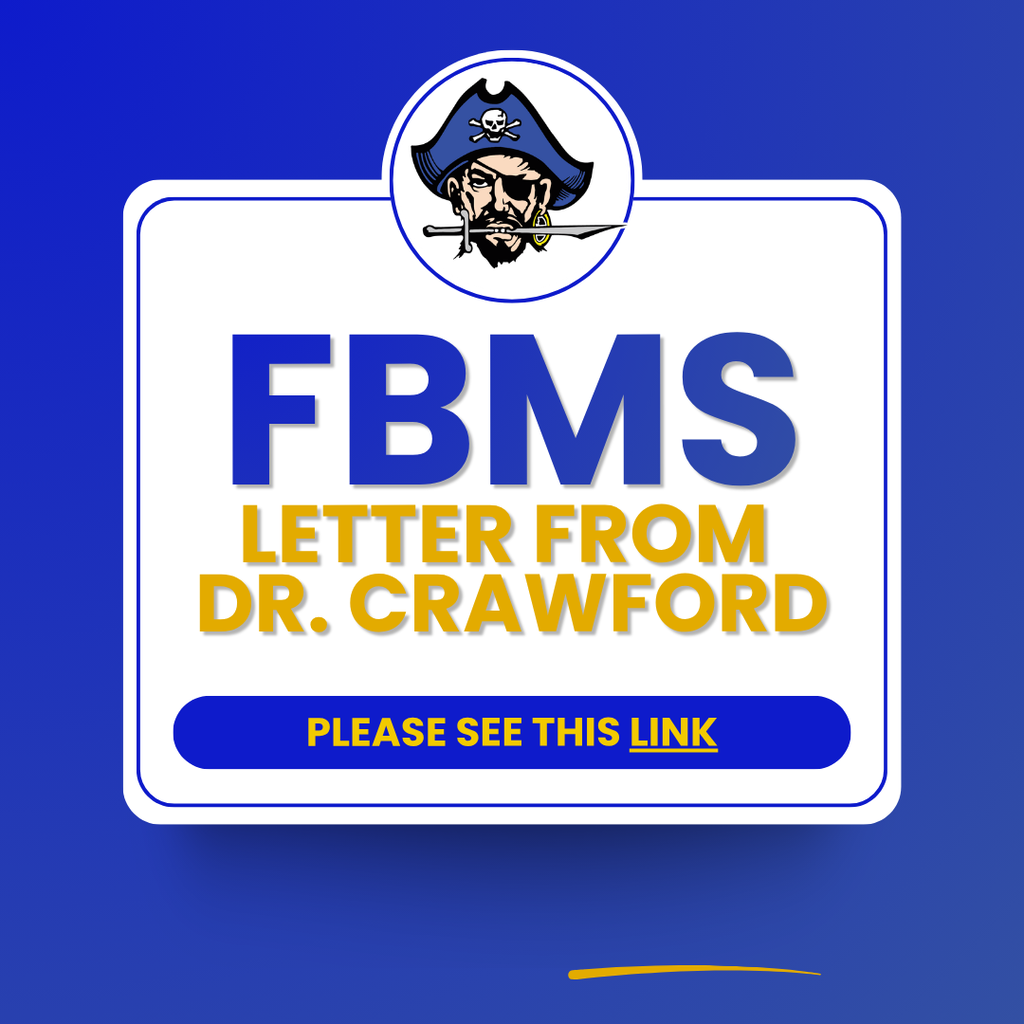 Text about a letter from Dr. Crawford with the pirate logo. He's wearing a blue hat, a patch over his left eye, and a sword in his mouth.