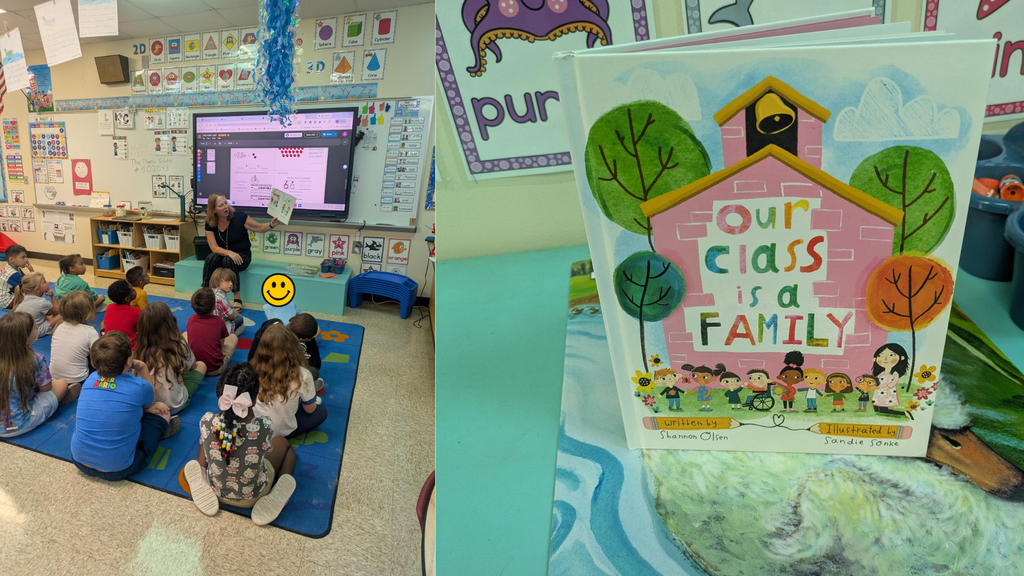 A teacher sits in front of a classroom smartboard while a group of students sit on a classroom rug, listening and holding up a book as a blue tinsel decoration hangs from the ceiling. Second picture: A children’s book cover titled “Our Class Is a Family,” showing a yellow house, green trees, and a row of kids standing together on a colorful illustrated background.
