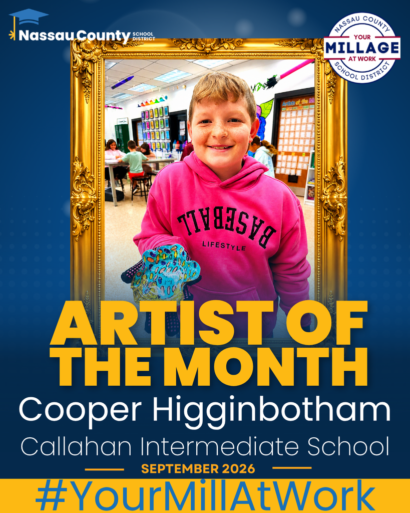 Cooper Higginbotham proudly holds his colorful Dale Chihuly-inspired art piece, showcasing his creativity and artistic talent. Cooper is the September Artist of the Month for Callahan Intermediate School