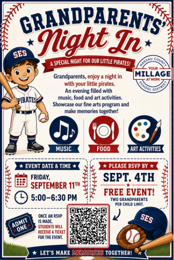 Colorful flyer for “Grandparents Night In” with a baseball theme, showing a cartoon pirate child, event date Friday, September 11, 5:00–6:30 PM, RSVP by Sept. 4, and icons for music, food, and art activities.