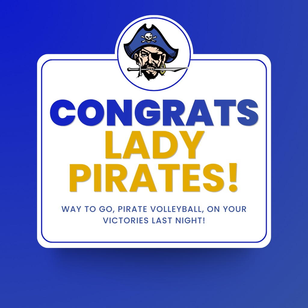 Congrats to Lady Pirates volleyball on their win with a pirate head. He's holding a sword in his mouth, has a patch over his left eye, and a blue pirate hat on his head.
