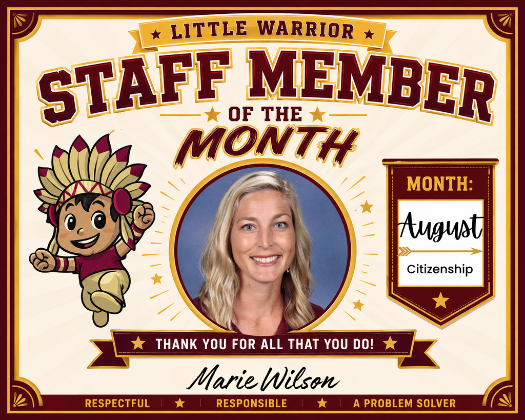Callahan Elementary “Staff Member of the Month” certificate in maroon, gold, and cream. The design features the Little Warrior mascot, a large circular space for a staff member’s photo, a space to enter the month, and banners celebrating the staff member for August for the trait of Citizenship. The certificate highlights the school values Respectful, Responsible, and A Problem Solver and includes the message, “Thank You for All That You Do!”