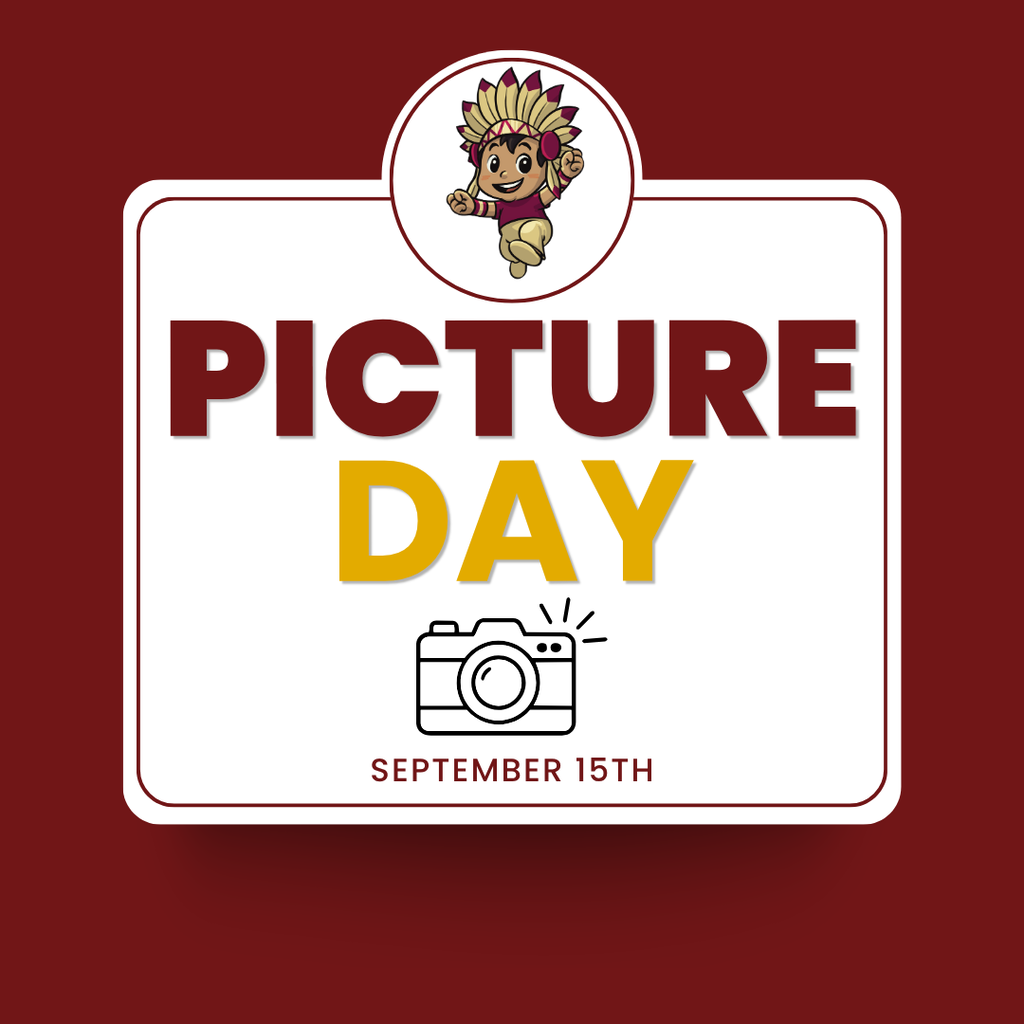 garnet square layered with a white square that states "picture day" on September 15. There is a camera emblem and a Warrior logo at the top.
