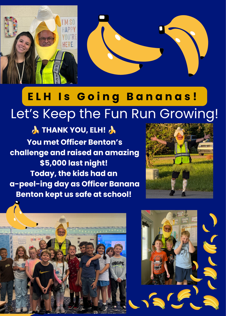 A picture collage decorated with bananas.  It includes 3 pictures of Officer Benton dressed as a banana.  Once picture shows him with a smiling staff members.  The bottom left picture shows Officer Benton posing with a 3rd grade class and the bottom r picture has him standing with 3 male students.  
