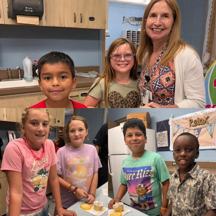 the picture collage shows a picture of the guidance counselor posting and with 2 smiling students.  the bottom picture shows 2 girls and 2 boys smiling with ice cream that has whip cream and sprinkles  