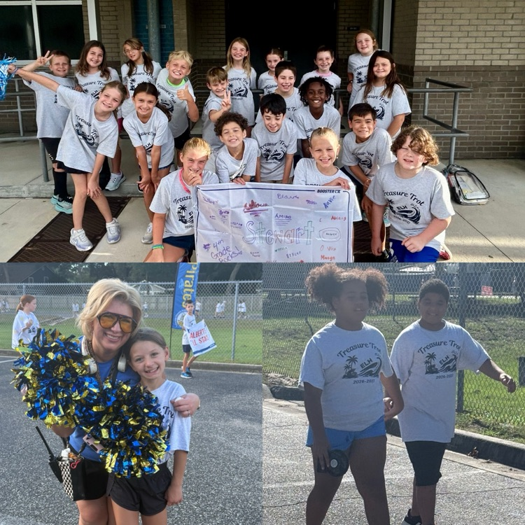 top picture is a class holding a team banner smiling and entering the fun run. the bottom left is a picture of a mom and daughter with Pom-poms and the bottom right has a girl and boy holding hands while walking 