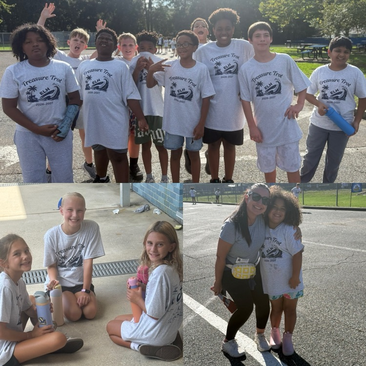 the top picture is a group of boys smiling and wearing matching Treasure Trot shirts. the bottom left has 3 girls sitting and drinking water.  the bottom right has a volunteer posing with a student. they are smiling  