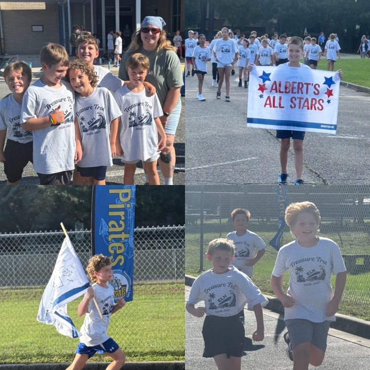 the picture collage has several students running during the treasure trot. 2 students are holding class/team banners.  one pic shows a group of students posing with a volunteer and smiling for the camera