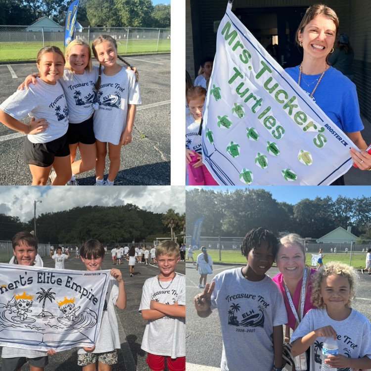 the picture collage shows students running in the treasure trot.  one pic shows 3 students holding their team banner with pride.  one pic shows a teacher holding her class team flag. the bottom right pic shows 2 students smiling with the AP  