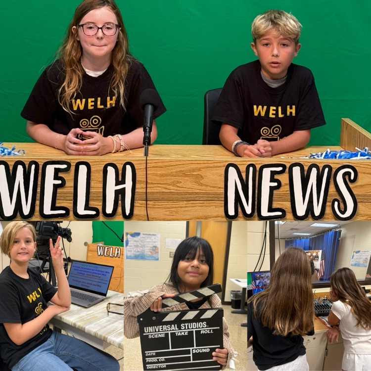 the top pic shows a blonde boy and a brown hair girl behind a news desk, another  blonde boy is running a computer monitor, a girl is using a clip board and 2 other students are working technology equipment  