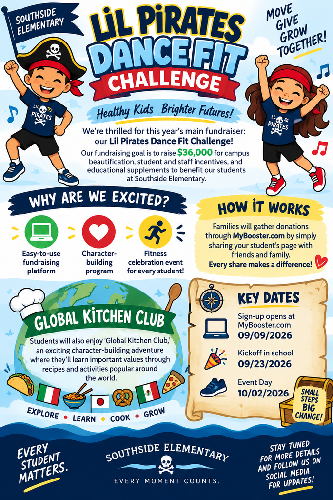 Southside Elementary promotes its Lil Pirates Dance Fit Challenge fundraiser with a $36,000 goal to support campus beautification, student and staff incentives, and educational supplements. The flyer highlights an easy fundraising platform, character-building activities, and a fitness celebration for every student. Families can collect donations by sharing their student’s page through MyBooster.com. Students will also participate in Global Kitchen Club, learning values through recipes and activities from around the world. Key dates are September 9, 2026, for sign-up; September 23, 2026, for the school kickoff; and October 2, 2026, for Event Day. The flyer features colorful pirate, dance, fitness, and global food-themed illustrations.