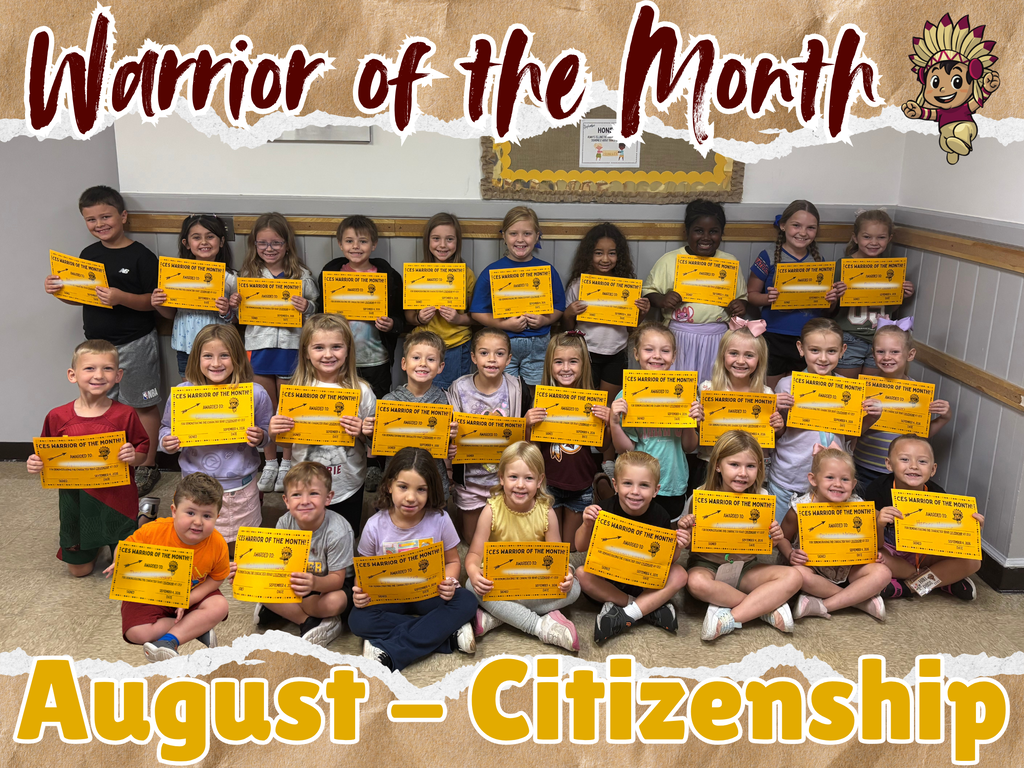 Graphic celebrating August Warrior of the Month – Citizenship. A large group of elementary students pose together indoors, holding yellow Warrior of the Month certificates. The design features garnet-and-gold colors, a Warrior mascot in the upper-right corner, and large decorative text reading “Warrior of the Month” across the top and “August – Citizenship” across the bottom.