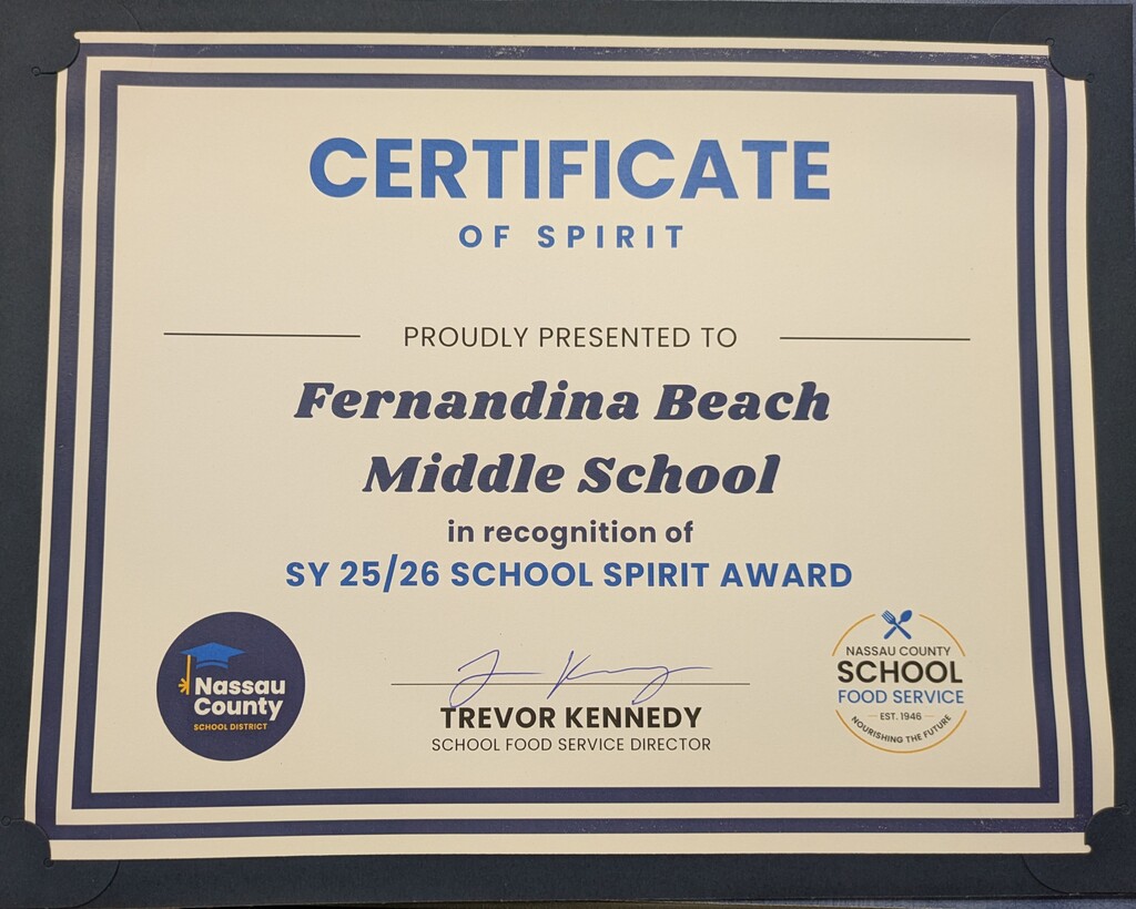 Picture of a certificate of spirit for FBMS cafeteria staff for School Spirit Award for the 2025-2026 school year!