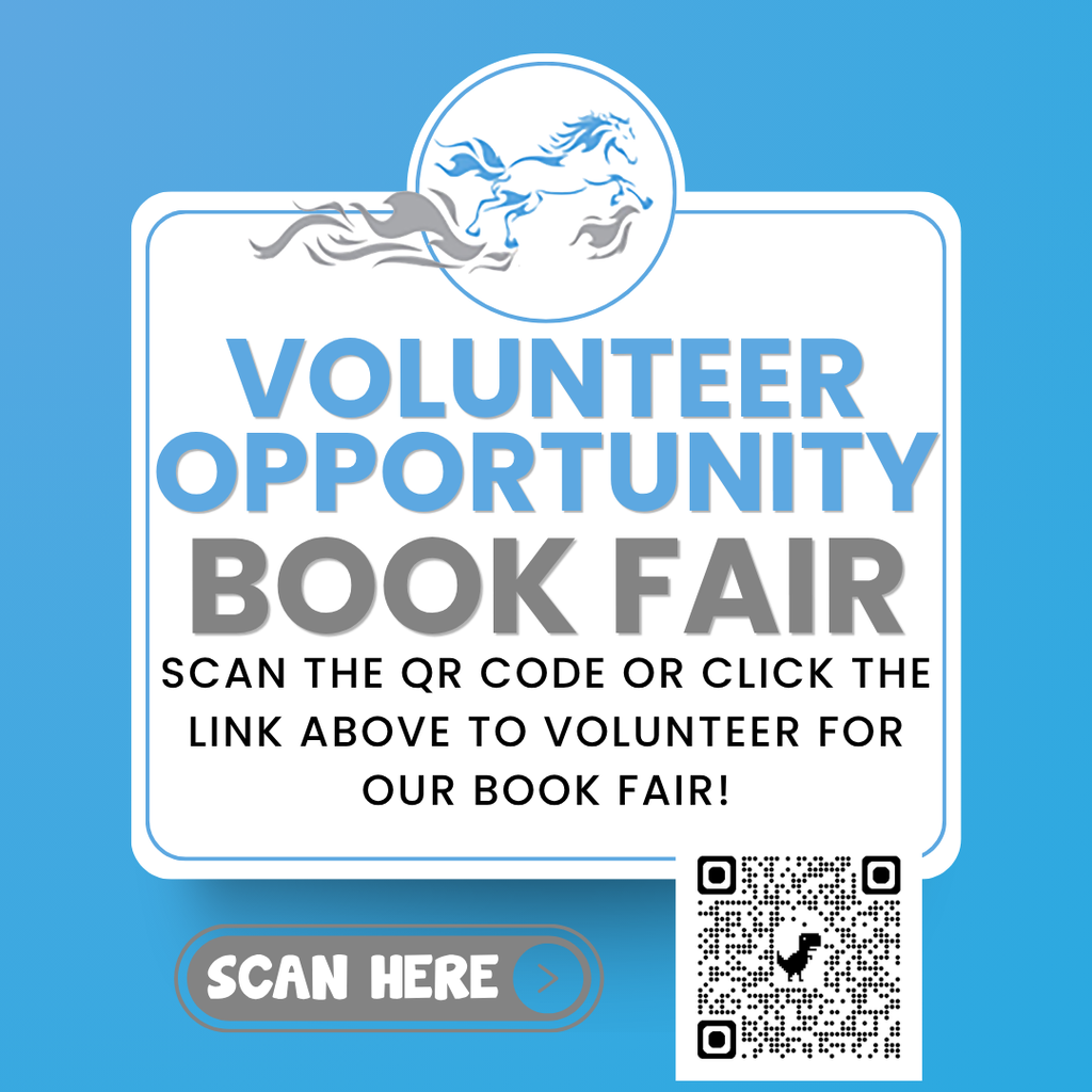Wildlight Elementary Book Fair volunteer flyer with a blue-and-white Trailblazer horse design. The flyer reads “Volunteer Opportunity: Book Fair” and invites families to scan the QR code or click the link above to volunteer. A “Scan Here” button and QR code appear at the bottom.