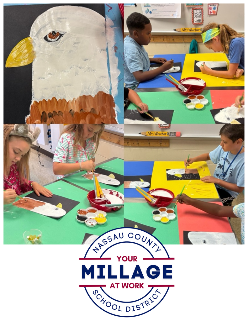 top right is a painting of an eagle. the other pictures in the collage show students paining different pieces.  