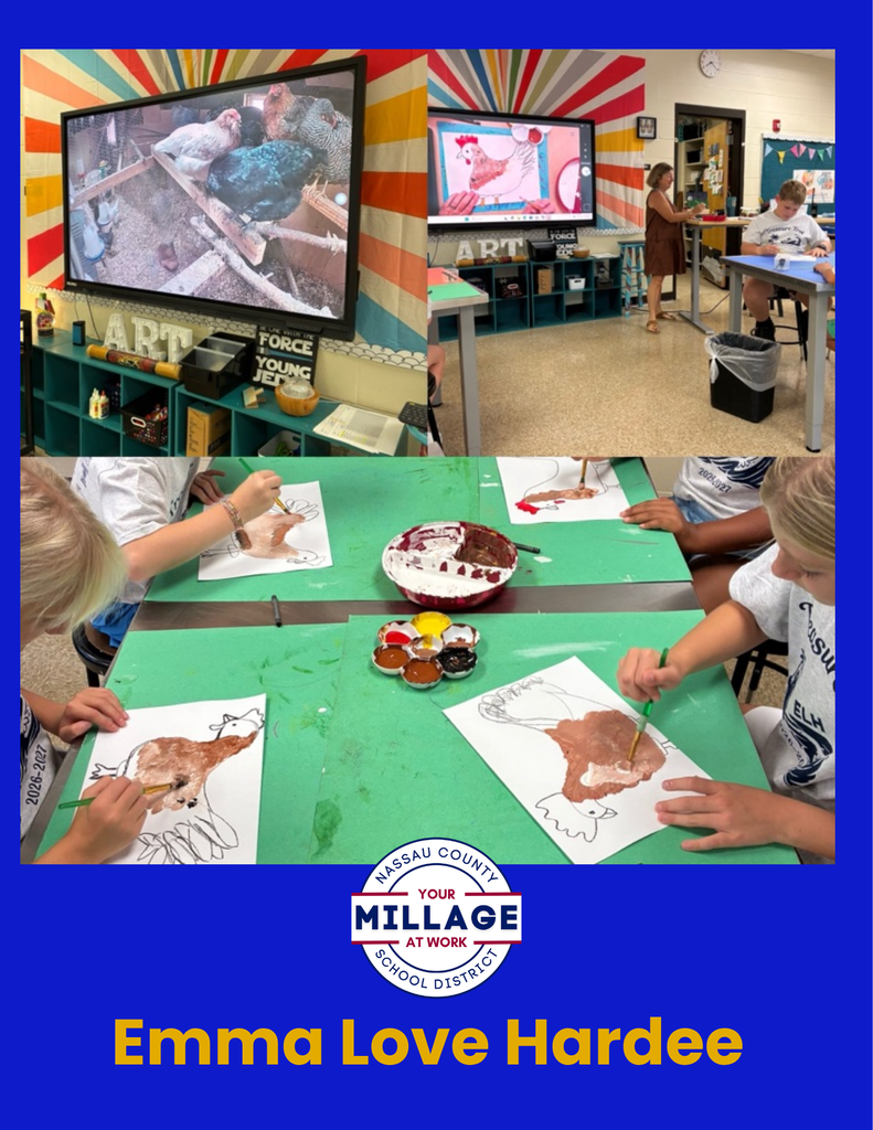 the top left shows live chickens on a screen and the top right shows the art teacher demonstrating how to paint a chicken. the bottom picture shows 4 student artworks of chicken paintings 