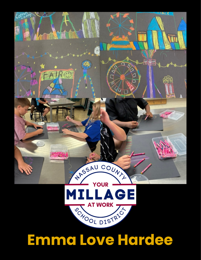 the top has several student art pieces showing carnival designs such as a bright Ferris wheel.  The bottom pictures show students creating the pieces using bright crayons on black paper  