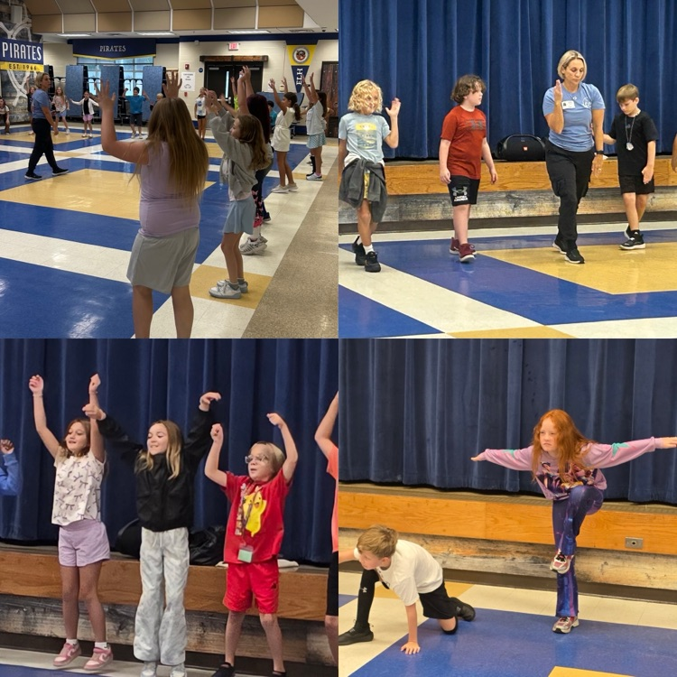pictures depict students moving their bodies in different ways.  one student is doing an arabesque, several students are shown dancing, one students is in a lunge and an adult is leading the group  