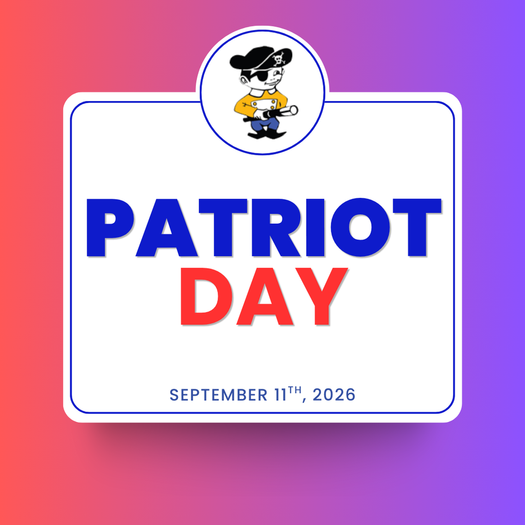 Graphic announcing Patriot Day on September 11, 2026. The design features a Southside Elementary pirate mascot at the top, with large blue and red text reading “PATRIOT DAY.” The date “September 11th, 2026” appears at the bottom. The graphic has a white center with a blue border and a red-to-purple gradient background. 🇺🇸