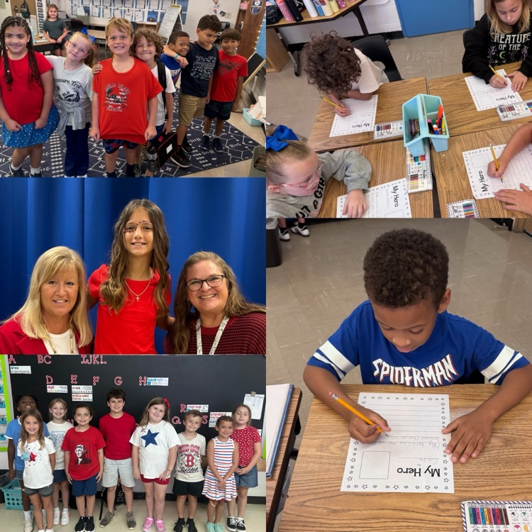 the picture collage includes2 groups of smiling students dressed in Red, White and Blue.  one picture shows a student standing with Administation with patriotic gems on her face.  the other picture show students writing about heroes 