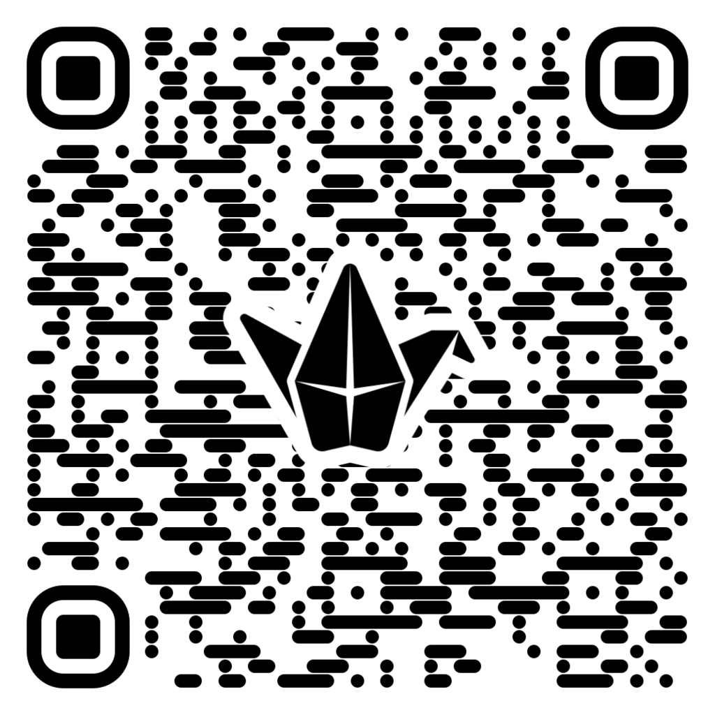 Square QR code with dense black-and-white dot pattern, surrounded by rounded-corner finder boxes in the top-left, top-right, and bottom-left corners.