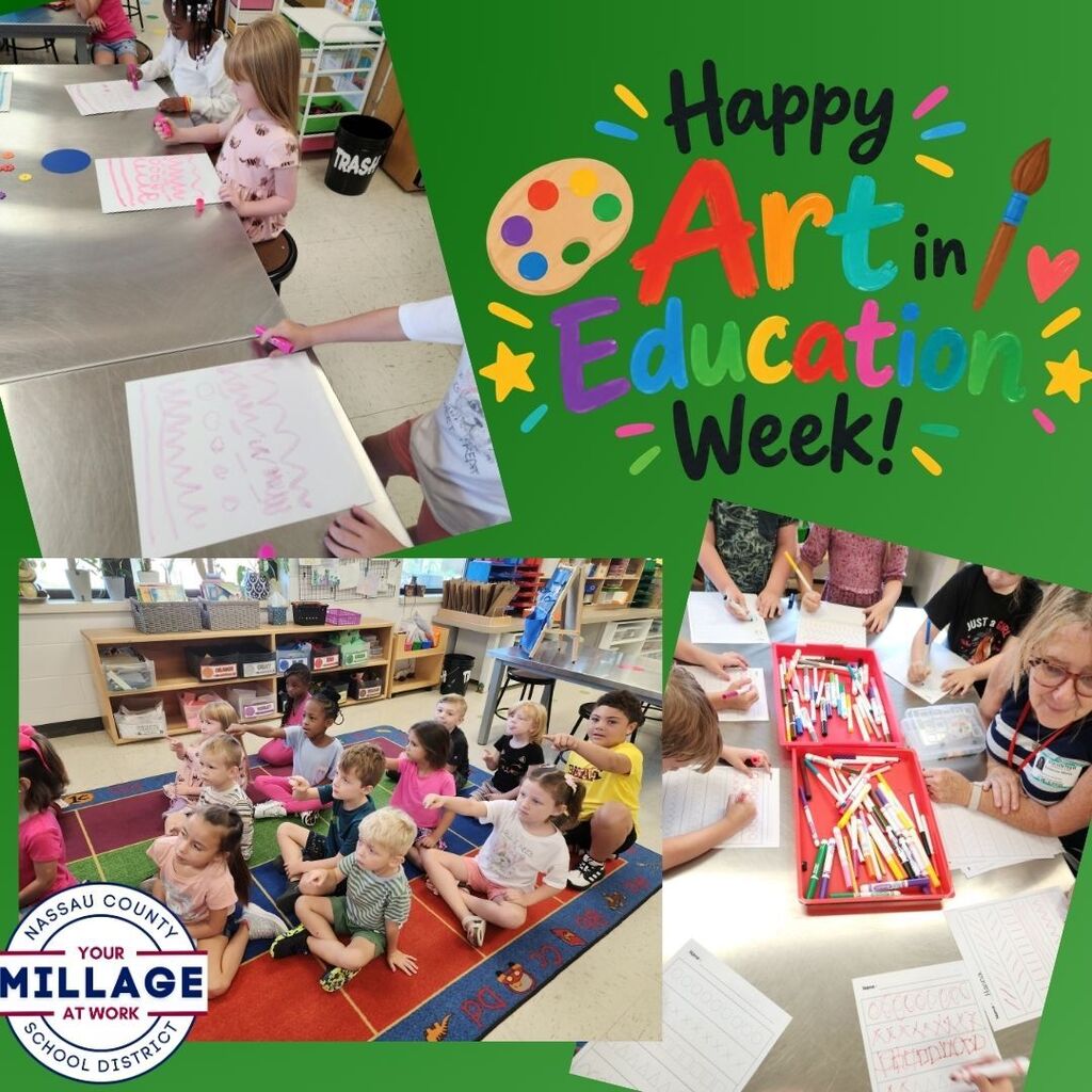 Collage celebrating Art in Education Week at Yulee Primary, showing young students participating in hands-on art activities, drawing colorful patterns with markers, and engaging with their teacher and classmates.
