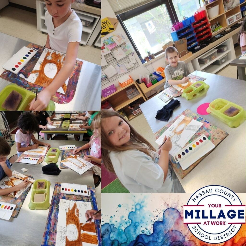 Second-grade students use watercolor paints to create artwork while learning about animals that live in tree holes as part of Art in Education Week.
