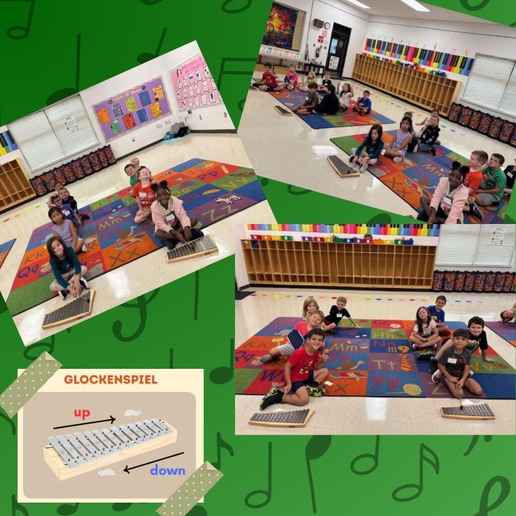First-grade students practice steady beat and melodic direction on glockenspiels, gliding their mallets from low to high and high to low to represent a mouse running up and down a clock.