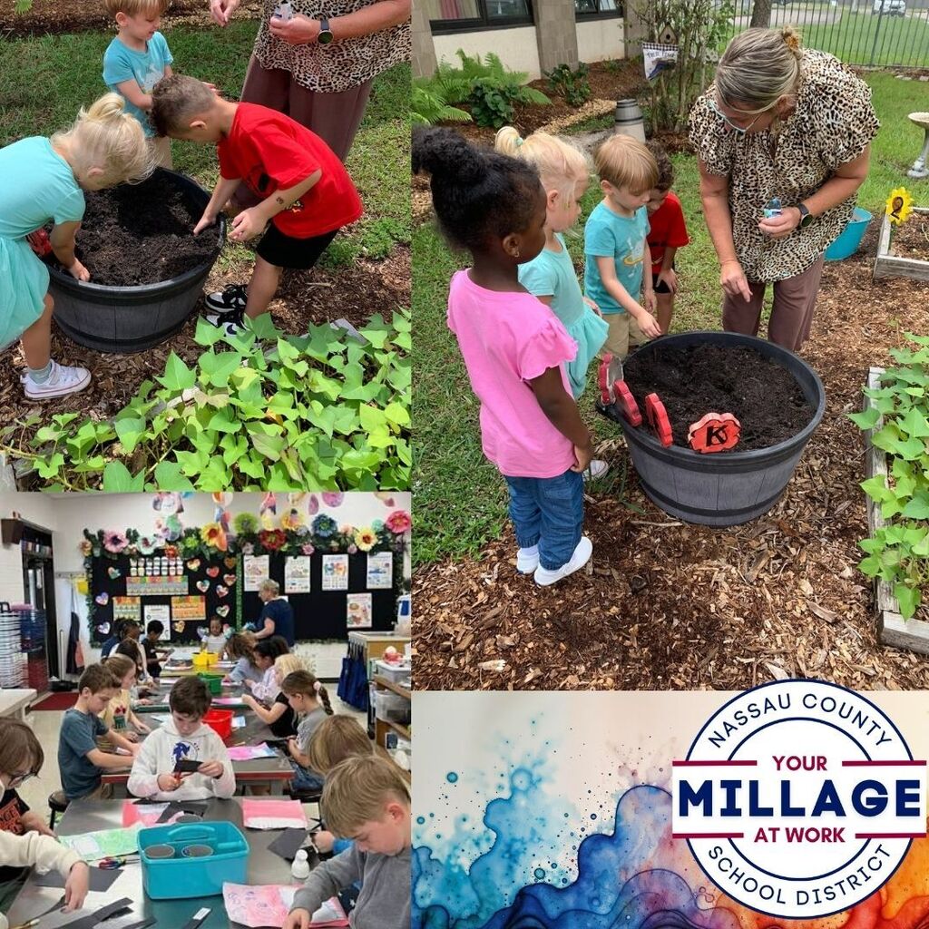 Collage showing Yulee Primary students participating in millage-supported learning experiences, including young students planting and exploring soil in an outdoor garden and students creating artwork together in a classroom.