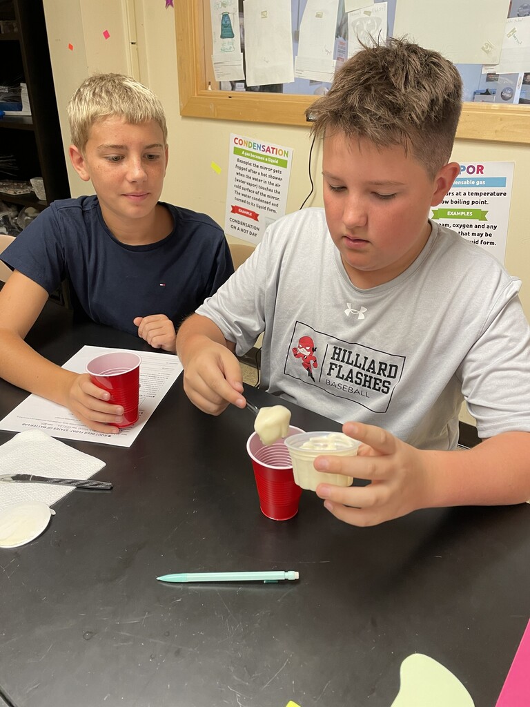 Mrs. Russell’s 8th grade science students are learning how matter exists in three forms—solids, liquids, and gases—and how each state differs in shape and volume.