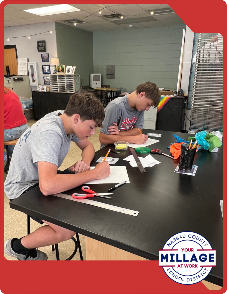 Mrs. Fortier’s art students are creating expressive self-portraits by layering collage elements, acrylic paint, and fine-point marker details.