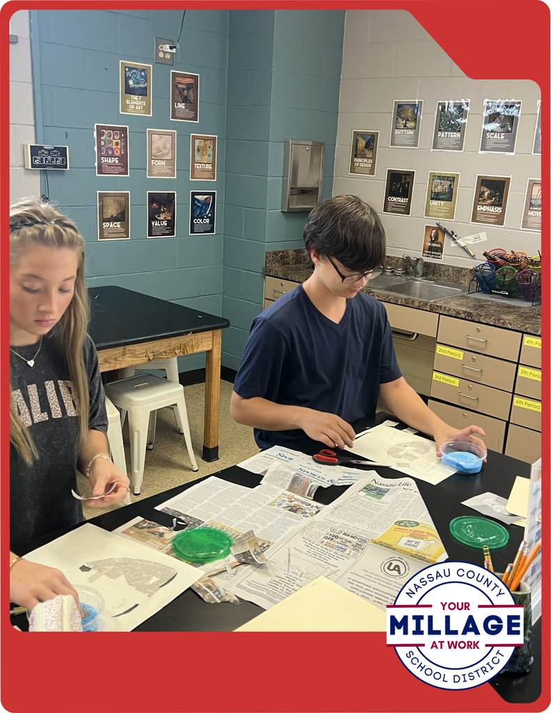 Mrs. Fortier’s art students are creating expressive self-portraits by layering collage elements, acrylic paint, and fine-point marker details.