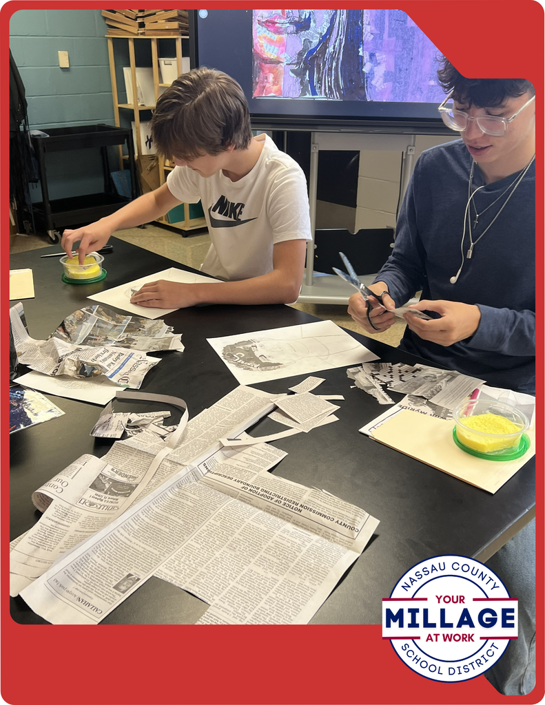 Mrs. Fortier’s art students are creating expressive self-portraits by layering collage elements, acrylic paint, and fine-point marker details.