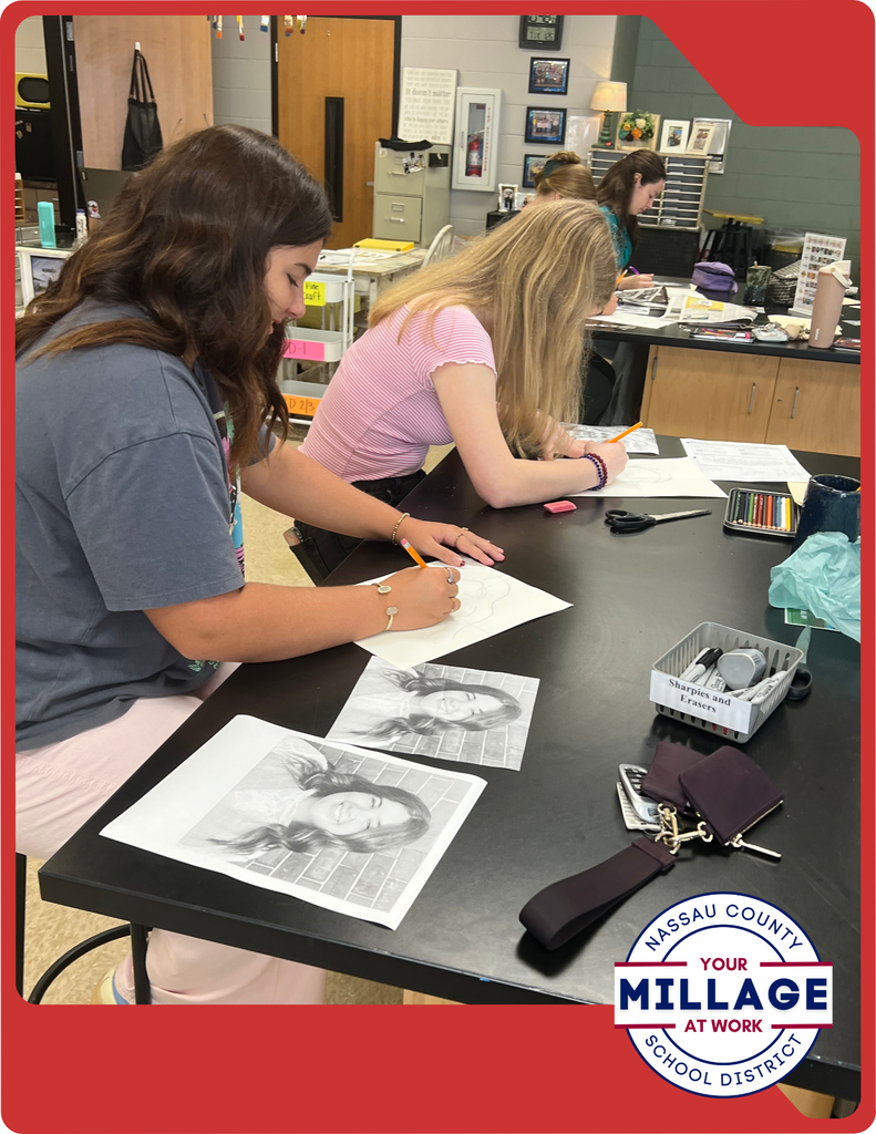 Mrs. Fortier’s art students are creating expressive self-portraits by layering collage elements, acrylic paint, and fine-point marker details.