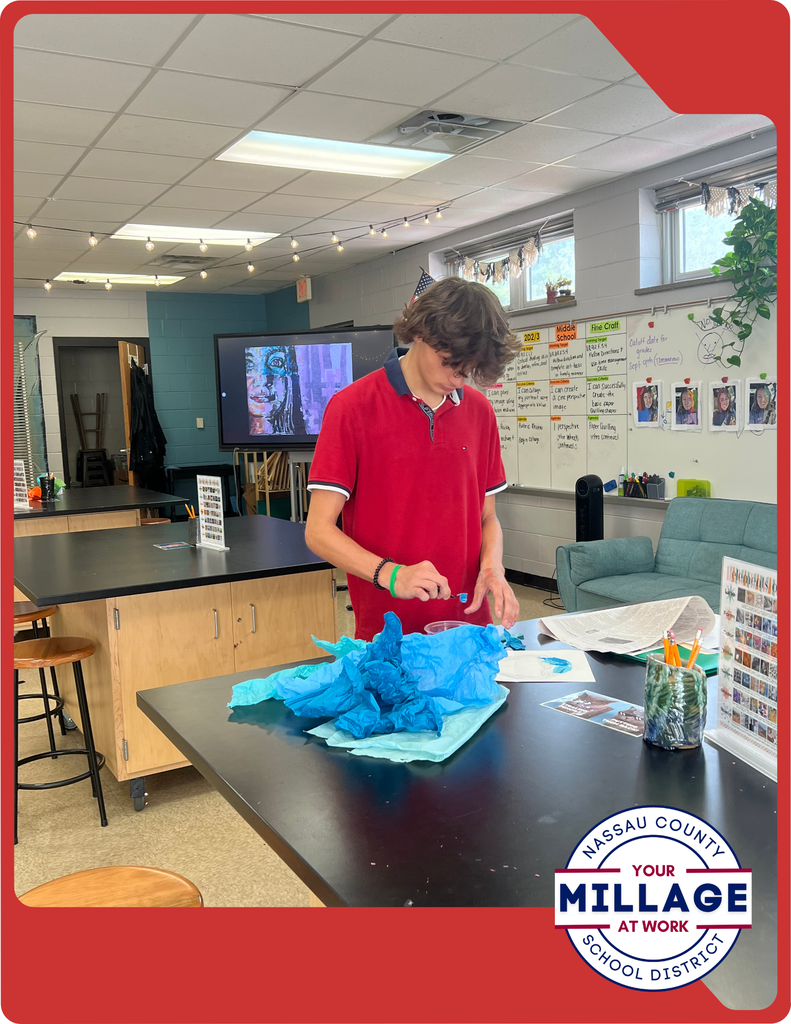 Mrs. Fortier’s art students are creating expressive self-portraits by layering collage elements, acrylic paint, and fine-point marker details.