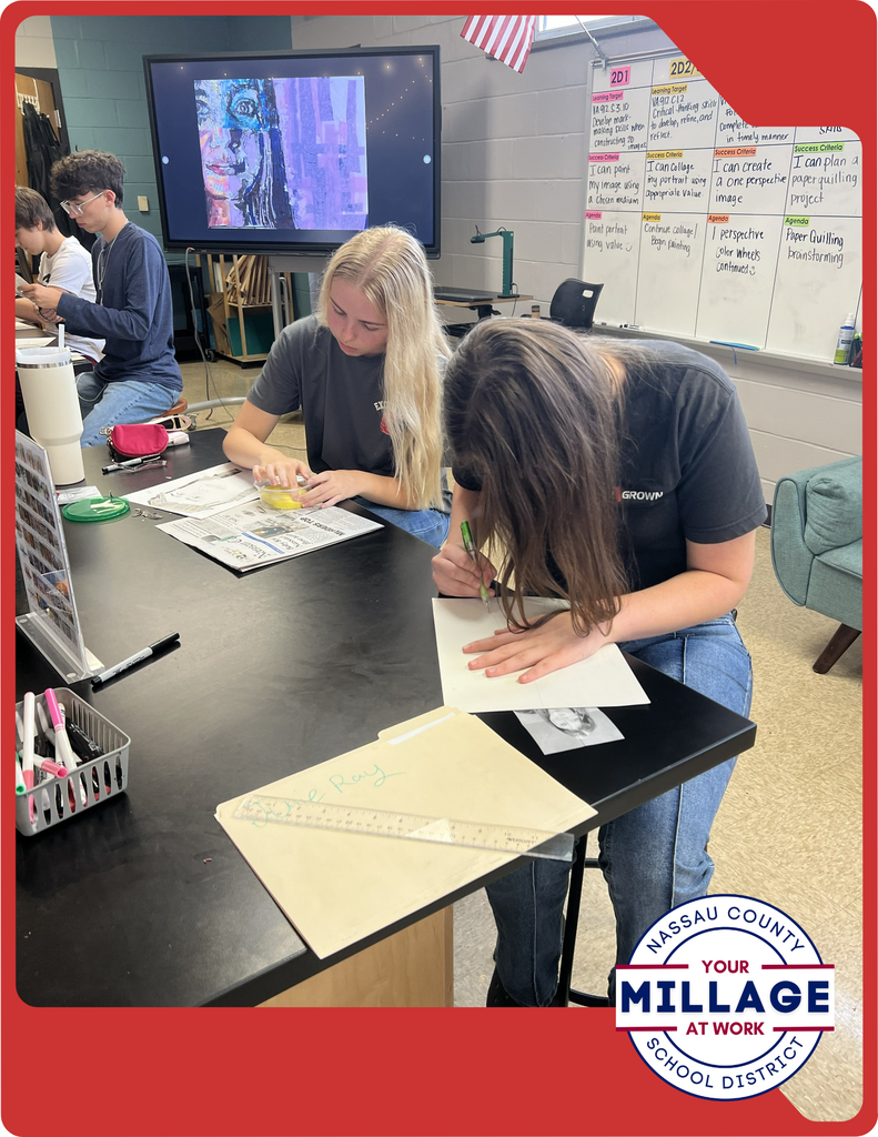 Mrs. Fortier’s art students are creating expressive self-portraits by layering collage elements, acrylic paint, and fine-point marker details.