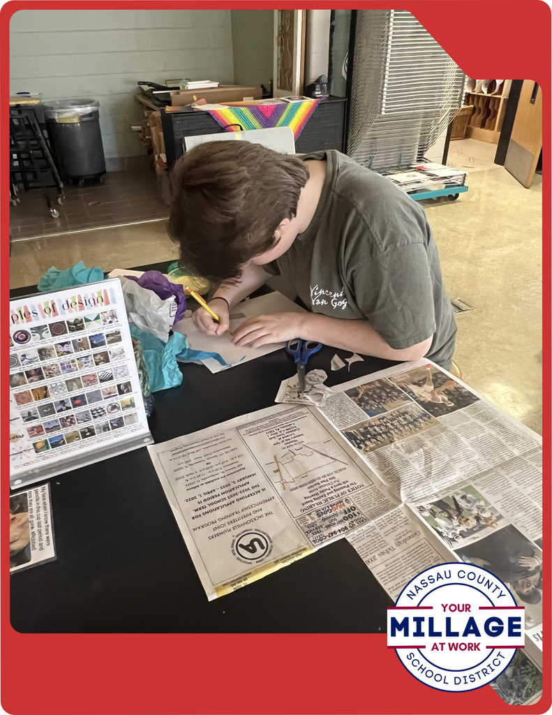 Mrs. Fortier’s art students are creating expressive self-portraits by layering collage elements, acrylic paint, and fine-point marker details.