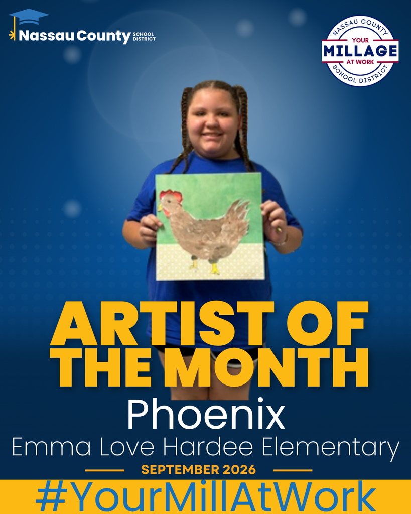 September artist of the month, Phoenix, is pictured with her painting of a chicken.