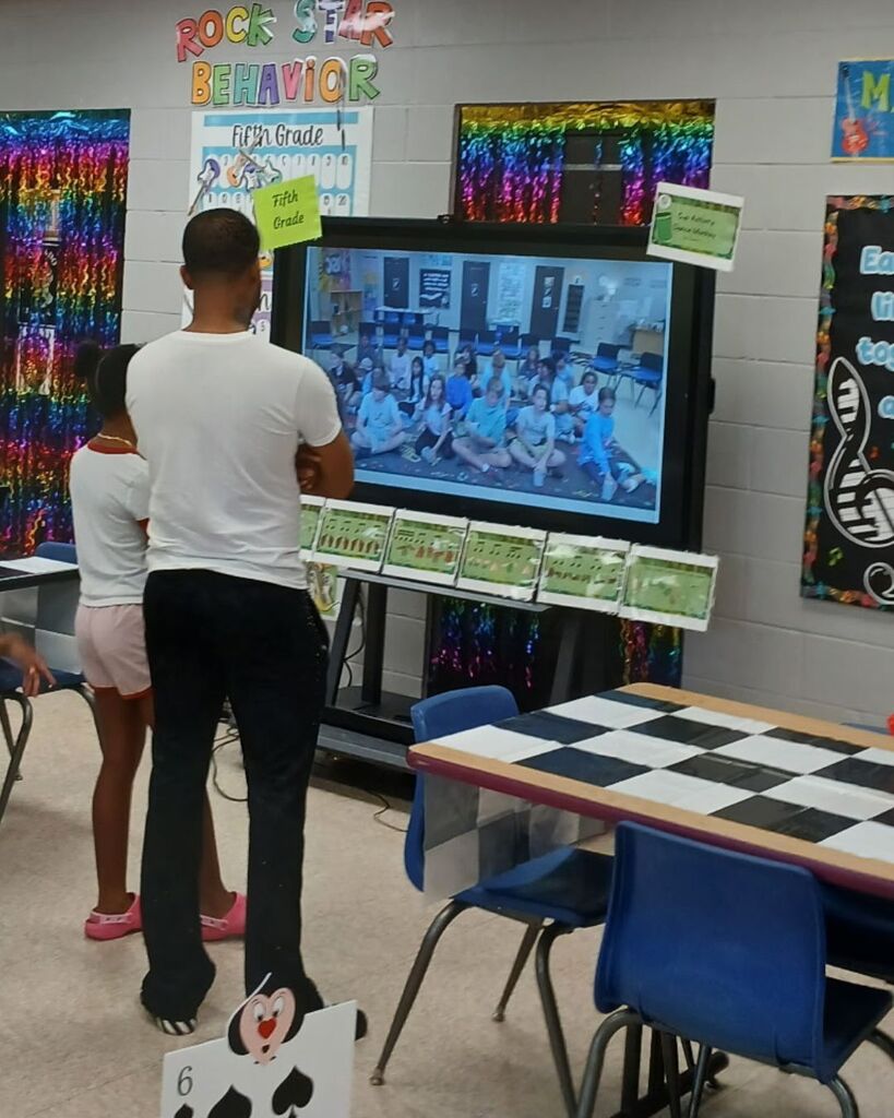 One image shows visitors viewing student music performances and classroom displays on a large screen.