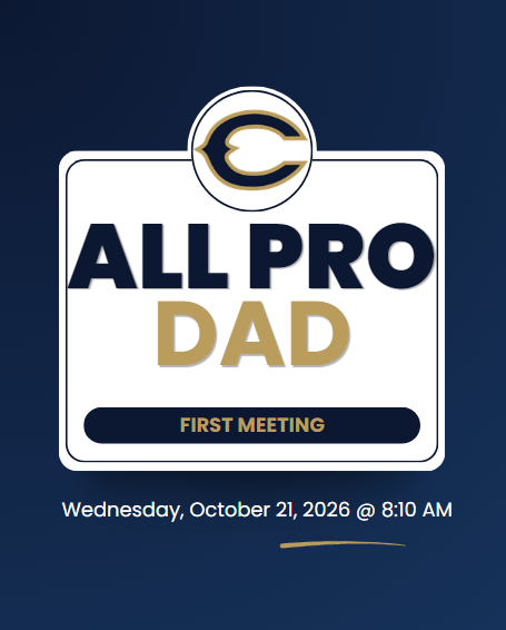 All Pro Dad First Meeting, Wednesday, October 21, 2026, at 8:10 AM. School logo displayed above the event title on a dark blue background.