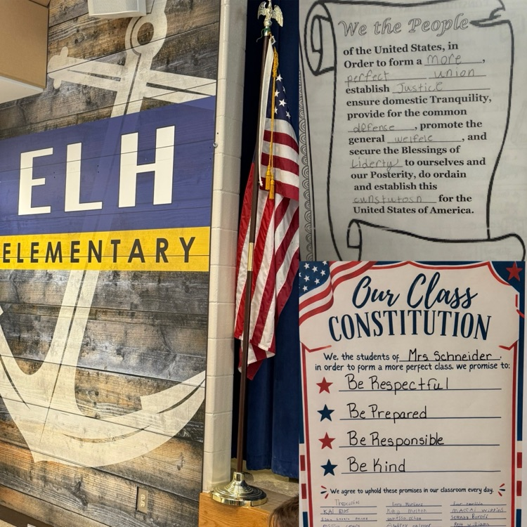 The American flag proudly displayed at ELH, student work example and a completed class constitution poster.  
