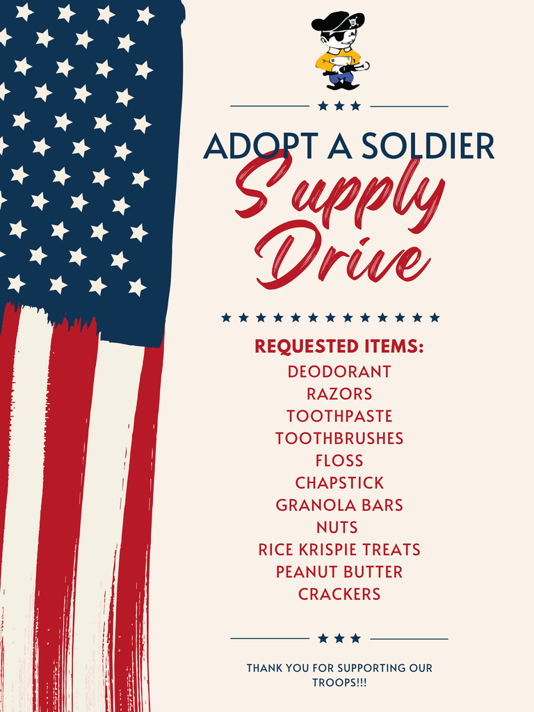 Flyer with a patriotic red, white, and navy blue design titled “Adopt a Soldier Supply Drive.” The flyer features an American flag along the left side and a cartoon pirate character wearing a patriotic outfit at the top. Requested donation items include deodorant, razors, toothpaste, toothbrushes, floss, Chapstick, granola bars, nuts, Rice Krispie treats, peanut butter, and crackers. The flyer closes with “Thank You for Supporting Our Troops!!!”