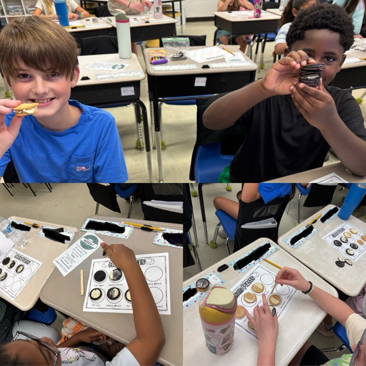 students ads shown using Oreos to demonstrate the various phases of the moon.  the top picture has two boys smiling for the camera and eating their Oreo creations  