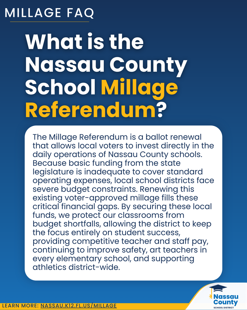 Nassau County School District Millage FAQ graphic explaining the Nassau County School Millage Referendum.