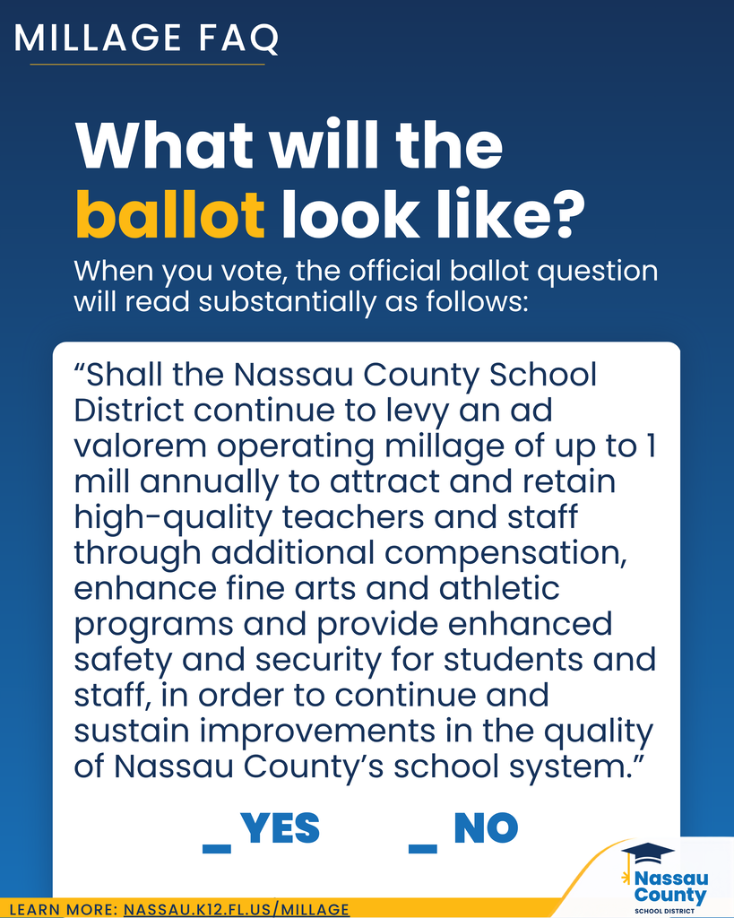 Nassau County School District Millage FAQ graphic displaying the ballot question and YES and NO response options.
