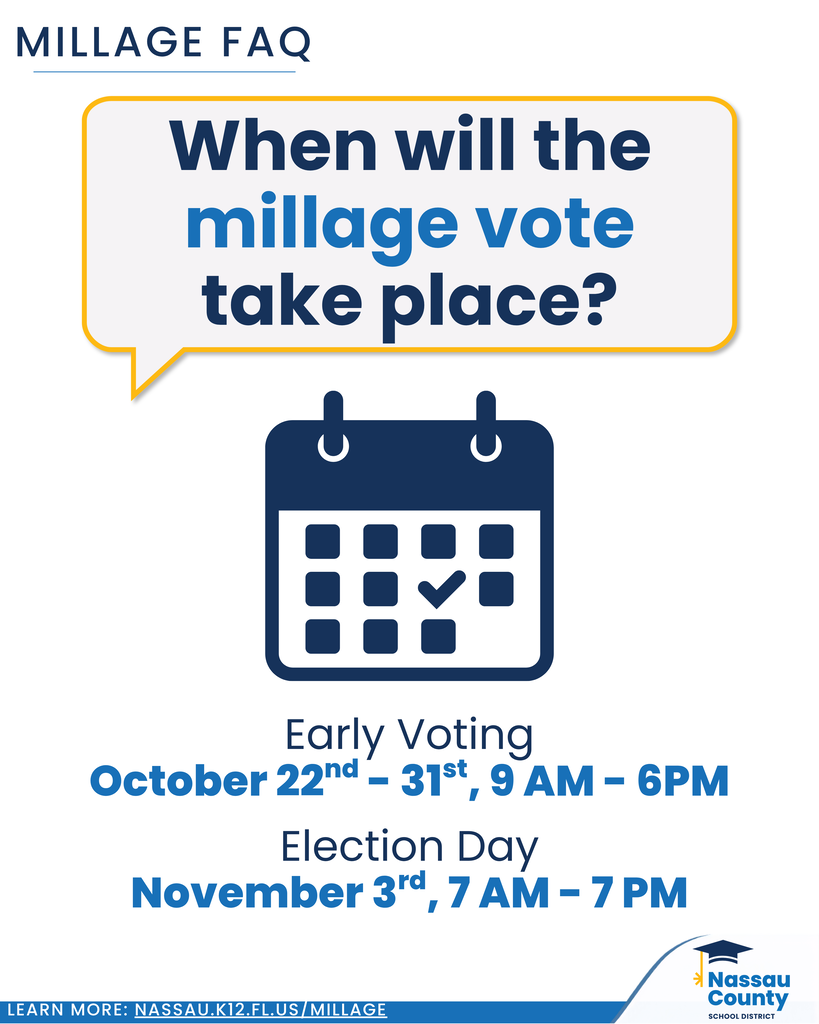 Nassau County School District Millage FAQ graphic with a calendar illustration showing early voting October 22 through 31 from 9 a.m. to 6 p.m. and Election Day November 3 from 7 a.m. to 7 p.m.