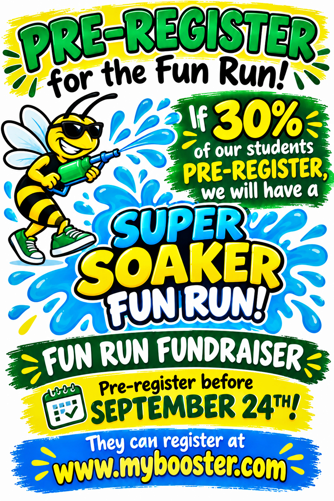 Colorful Yulee Primary Fun Run fundraiser flyer featuring a smiling hornet holding a water blaster. Families are encouraged to pre-register by September 24 at www.mybooster.com. If 30% of students pre-register, the school will have a Super Soaker Fun Run!