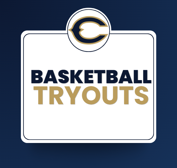 Graphic announcing basketball tryouts. A dark blue background surrounds a white sign with a school logo centered at the top. Large text reads “Basketball Tryouts” in navy blue and gold.